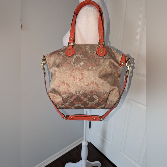 Coach Ashley Dotted Op Art Beige & Coral Satchel Detachable Shoulder Strap - Picture 2 of 9